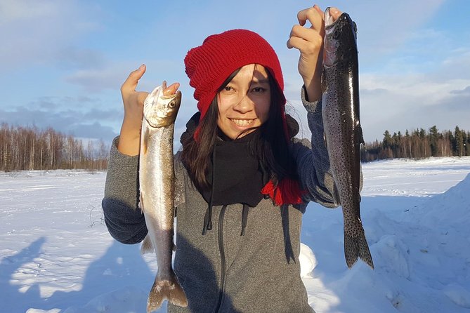 Fairbanks Ice Fishing Expedition in a Heated Cabin with Fish Cookout - A heated cabin on a frozen lake