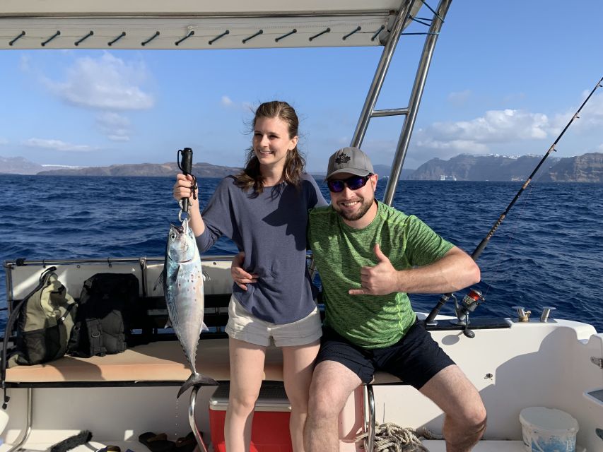 Santorini Private Cruise boat fishing tour - BBQ, Snorkeling - Quiet beaches and clear water stops